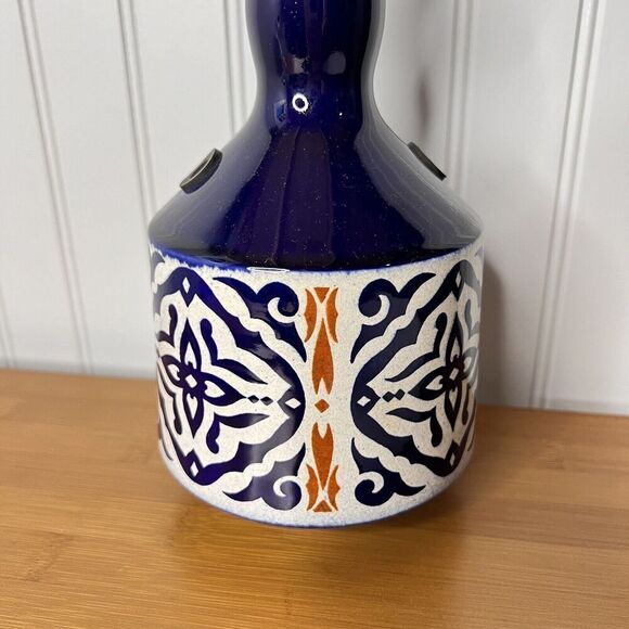 Vintage Israel Hand Painted Floral Pottery Bud Vase Blue White Orange MCM Style - Picture 2 of 7